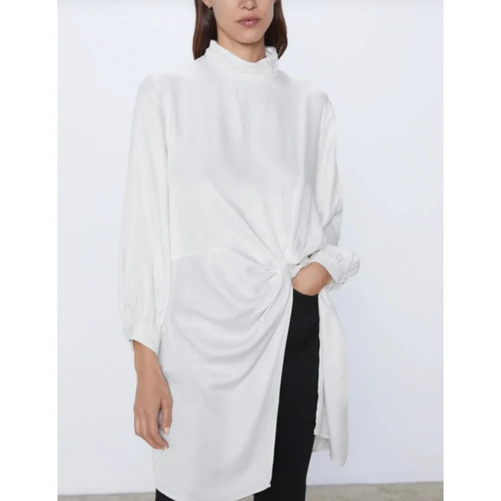 Zara Dress Women Small White Knot Front Long Sleeve Tunic Mock Neck 1971/184/250